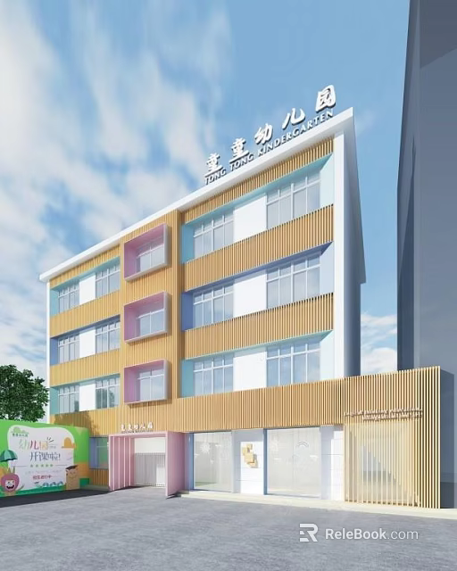 Colorful Multi Storey Kindergarten School Building With Large Windows And Modern Exterior Design 3d model 