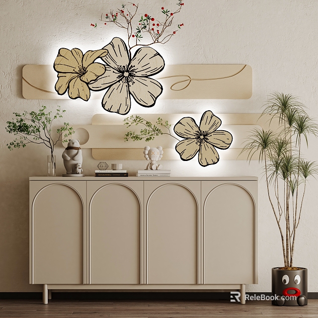 Stylish Interior Decor With Floral Wall Art Beige Cabinet And Green Plants 3d model 