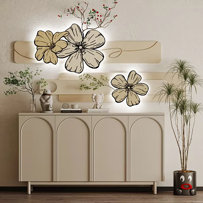 Stylish Interior Decor With Floral Wall Art Beige Cabinet And Green Plants 3d model