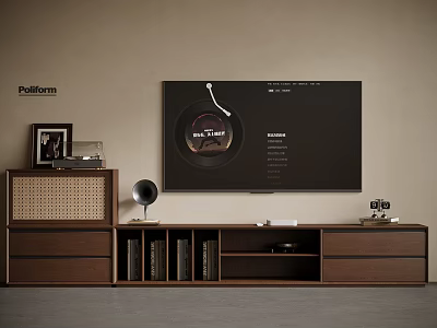 Modern Wooden TV Stand With Storage Shelves Books And Decorative Items In Living Room 3d model