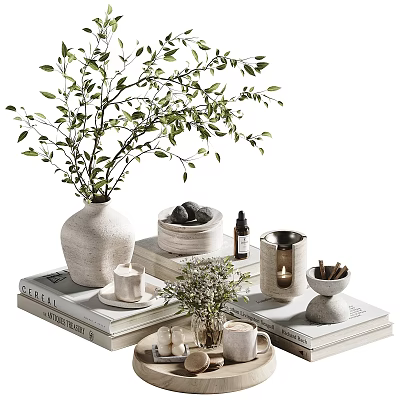Minimalist Decorative Ornament Set With Ceramic Vase Green Foliage Metal Candle Holder And Books 3d model