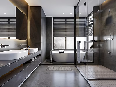 Modern Bathroom Interior Design With Double Sinks Large Mirror Freestanding Bathtub And Glass Shower Enclosure 3d model