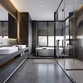Modern Bathroom Interior Design With Double Sinks Large Mirror Freestanding Bathtub And Glass Shower Enclosure