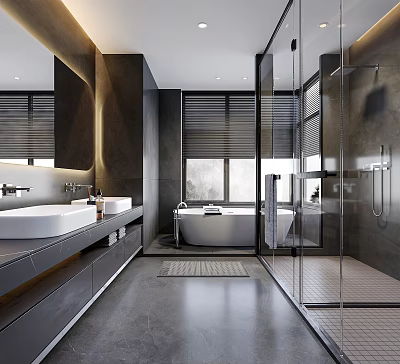 Modern Bathroom Interior Design With Double Sinks Large Mirror Freestanding Bathtub And Glass Shower Enclosure 3d model