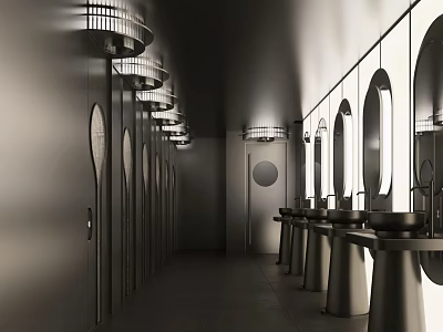 Public Restroom Modern Design Stalls With Circular Windows Sinks And Mirrors Under Ceiling Lights 3d model