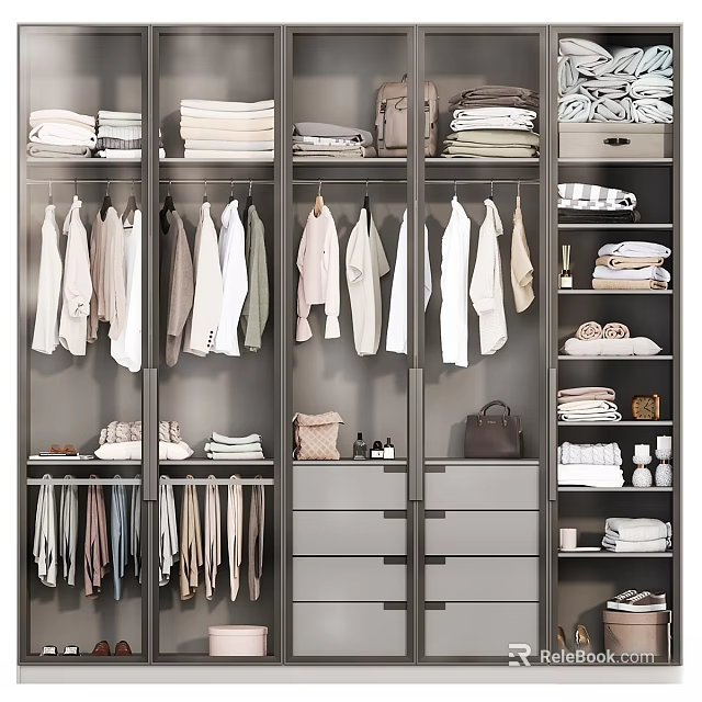 Organized Closet Space with Dresser Hanging Clothes Folded Garments Shoes and Bags 3d model 