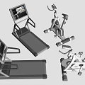 Modern Sports Equipment Including Treadmills and Exercise Bikes with Digital Screens
