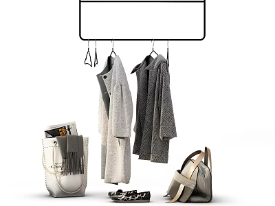 Stylish Modern Hanging Clothes Display With Bags Shoes And Magazines 3d model