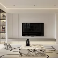 Modern Open Dining Living Room Interior With Sofa Coffee Table Decorative Shelf And Area Rug
