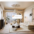 Elegant Modern Living Room Interior With Chandelier Sofa Fireplace Arched Window And Green Plants