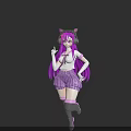 Anime Woman With Purple Long Hair Cat Ear Headphones White Top Striped Shorts Posing
