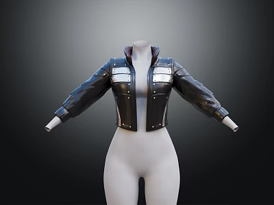 Stylish Black Leather Jacket With Metal Buttons Long Sleeves And Short Length 3d model