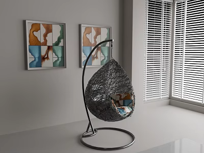 Bright Study Room Interior With Hanging Chair Decorative Paintings White Blinds And Natural Light 3d model