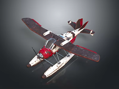 Red And White Biplane Seaplane Model With Floats And Detailed Design 3d model