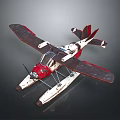 Red And White Biplane Seaplane Model With Floats And Detailed Design