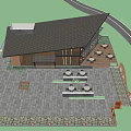 Modern Pavilion With Brick Structure Large Glass Windows Stone Pavement And Outdoor Benches