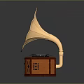 Classic Vintage Phonograph With Golden Flower Shaped Horn And Decorative Wooden Base