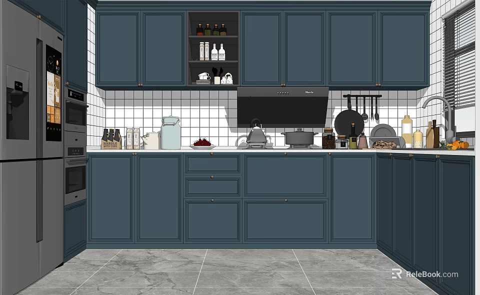 Modern Kitchen Featuring Deep Blue Upper And Lower Cabinets With Glass Door 3d model 
