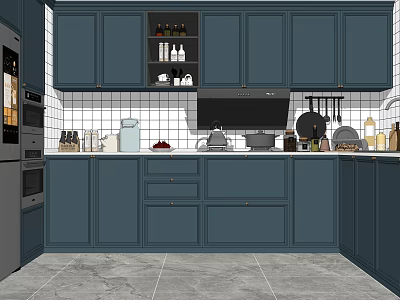 Modern Kitchen Featuring Deep Blue Upper And Lower Cabinets With Glass Door 3d model