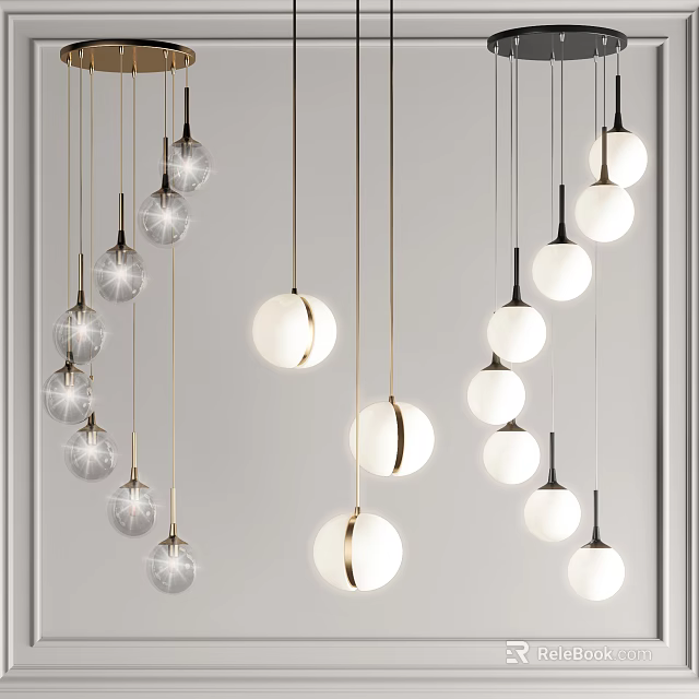 Multiple Modern Pendant Lights With Spherical Design Metal Frames Hanging From Ceiling 3d model