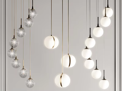 Multiple Modern Pendant Lights With Spherical Design Metal Frames Hanging From Ceiling 3d model