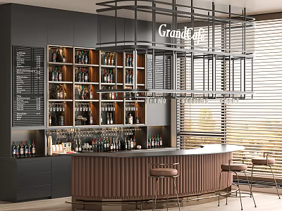 Modern Bar Interior Design With Curved Counter Wine Racks With Bottles And Wooden Stools 3d model