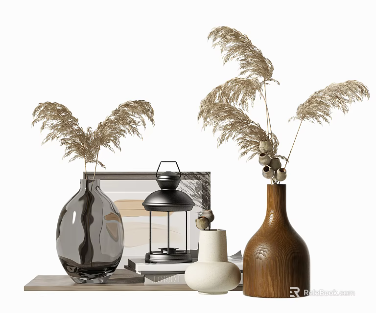 Stylish Decorative Ornament Set with Glass Wooden Vases Lantern and Pampas Grass 3d model 