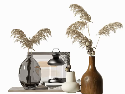 Stylish Decorative Ornament Set with Glass Wooden Vases Lantern and Pampas Grass 3d model