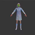 Game and Movie Character in Blue Patterned Hooded Coat White Boots on Dark Background with Reflection