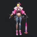 Blonde Haired Character In Pink Top With Ripped Jeans And Creature Bat Accessory