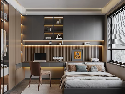Modern Tatami Bedroom Interior With Work Desk Laptop LED Strip Lighting And Built in Bookshelf 3d model
