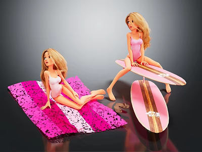Blonde Dolls In Pink Swimwear Sitting On Pink Striped Mat And Gold Accent Surfboard 3d model