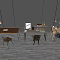 Three Modern Desks With Wooden Tops Metal Frames Lamps And Chairs