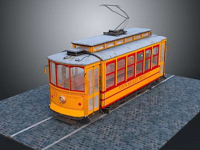 Vintage Yellow Tram With Red Stripes On Stone Paved Road And Overhead Wires 3d model