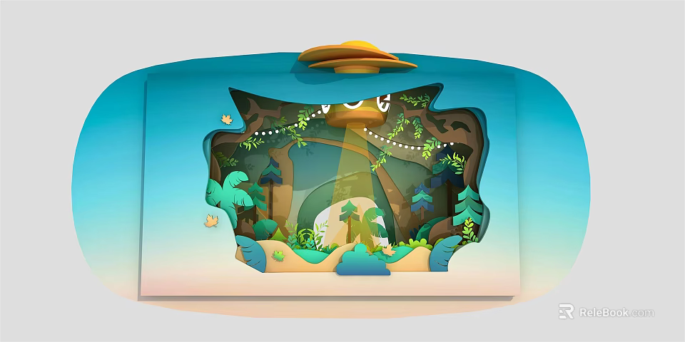 3D Paper Cut Forest Scene With Sunlight Vines Small Animals And Yellow Hat 3d model 