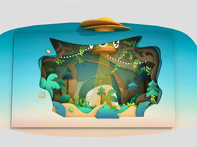 3D Paper Cut Forest Scene With Sunlight Vines Small Animals And Yellow Hat 3d model