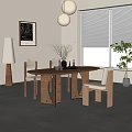 Wooden Dining Table Set With Backrest Chairs Floor Lamp Artwork And Potted Plant