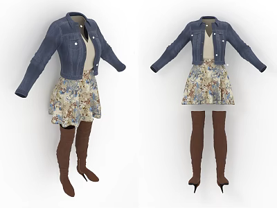 Women's Denim Jacket Floral Dress Knee High Boots High Heels Fashion Outfit 3d model