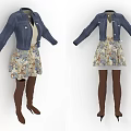 Women's Denim Jacket Floral Dress Knee High Boots High Heels Fashion Outfit