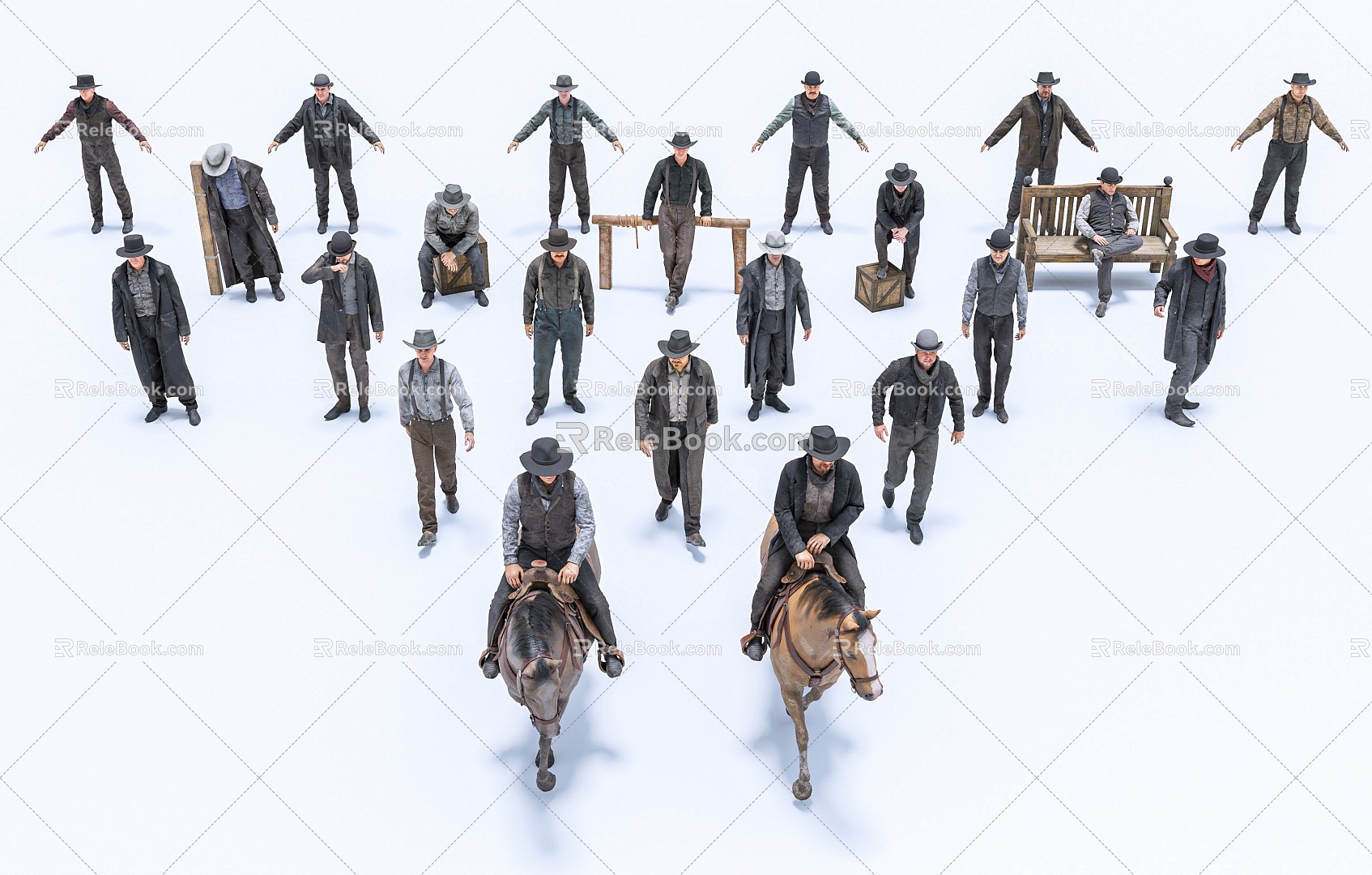 Modern West Denim Horse Riding Figure Combination Wild West Crowd Denim Figure Horse West Denim American Denim Figure Combination 3d model