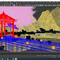 Ancient Chinese Pavilion with Red Roof by Lake in Bamboo Grove Wooden Path and Lanterns
