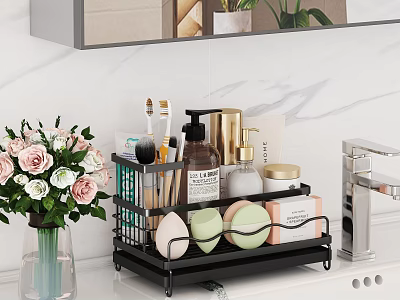 Black Bathroom Countertop Organizer With Toothbrush Makeup Brushes Skincare And Soap 3d model