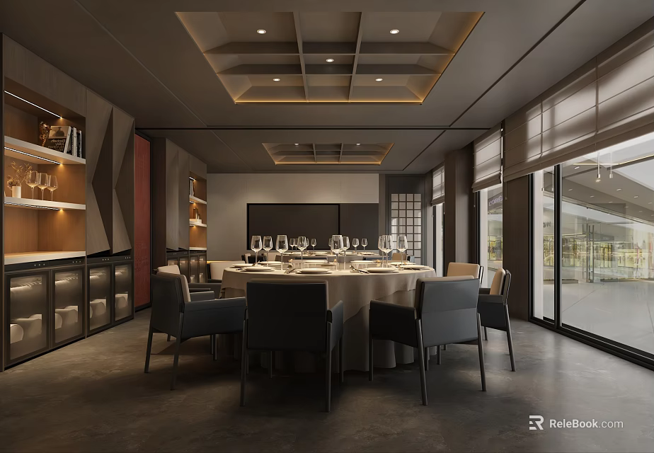 Modern Private Dining Room Interior With Round Table Wine Cabinets And Large Windows 3d model