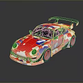Colorful Modified Sports Car with Abstract Patterns Rear Spoiler and Silver Wheels