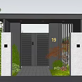 Modern Building Exterior Wall Featuring Entrance Gate Number 19 Green Hedge Walls And Wall Lamps