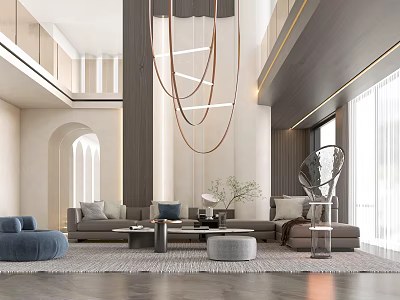 Duplex Living Room With Hanging Circular Chandelier Gray Sofa Arched Doors Floor To Ceiling Windows 3d model