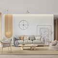 Modern Living Room Interior With Beige Sofa Round Ottoman Wooden Shelf And Potted Plants