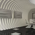 SWEET Exhibition Booth With White Wavy Design Tables Chairs Display Areas And Lighting Effects