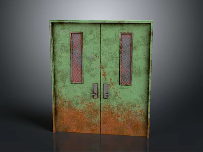 Rusted Green Double Door Cabinet Furniture With Red Mesh Glass Panels And Metal Handles 3d model