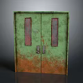 Rusted Green Double Door Cabinet Furniture With Red Mesh Glass Panels And Metal Handles